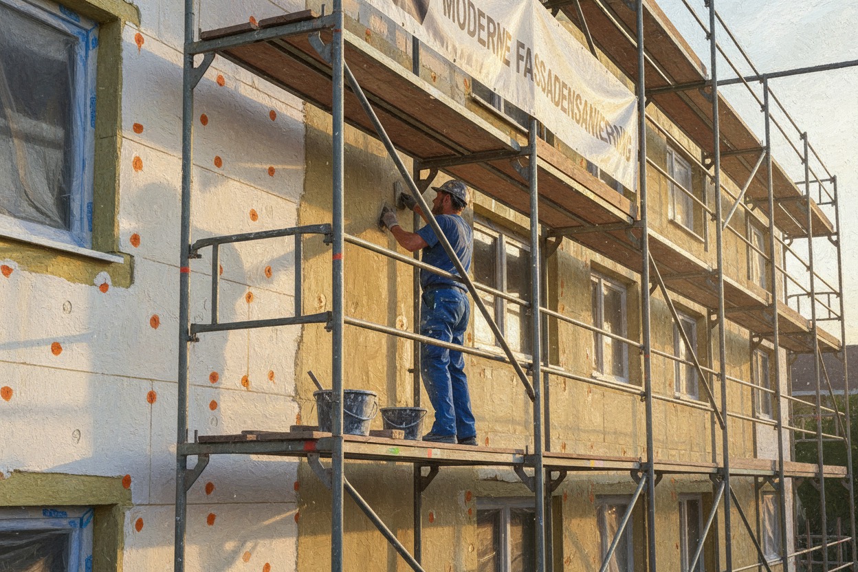 Ein Handwerker steht auf einem Gerüst vor einer gedämmten Hauswand und verputzt diese.